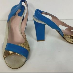 Chloe Blue Ivory Suede Snakeskin Patent Leather Peep Toe Slingbacks Heels 5 38